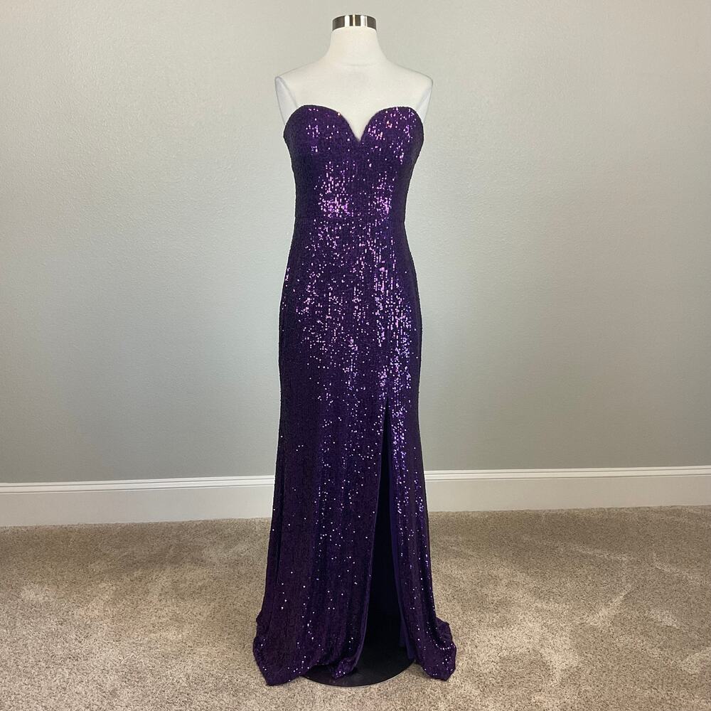 Strapless Sequined Thigh Slit Column Gown Purple Size 6 Formal Dress by AQUA - Picture 2 of 13